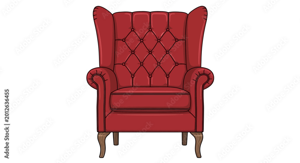 Fototapeta premium Classic red wingback armchair with tufted upholstery illustration isolated on white background