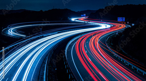 Fotografie Curving highway at night showcasing captivating light trails from vehicles
