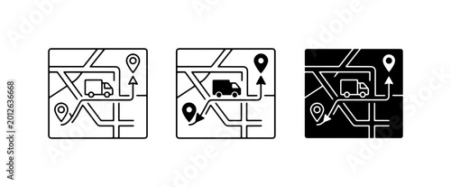 Schilderij op canvas Logistics Map Icons, Delivery Truck Route Navigation, GPS Tracking and Shipping