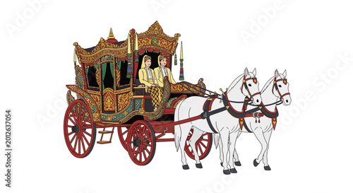 Vászonkép Ornate carriage pulled by two white horses with people in traditional attire