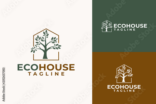 Eco House Logo with Tree in Hexagon Frame