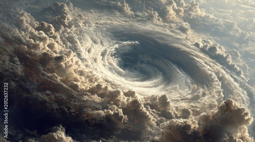 Dramatic aerial view of a massive hurricanes eye surrounded by swirling clouds