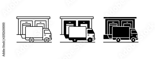 Delivery Truck at Loading Dock Icons, Logistics and Shipping Vector Set, Warehouse Transport Graphics