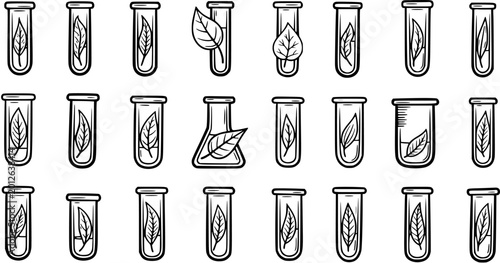 Foto Black and White Line Art Biotechnology and Botany Icons: Test Tubes, Flasks, and Leaves