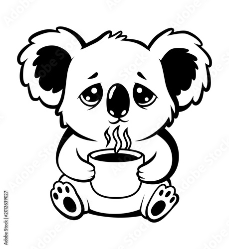 Photography Sleepy peaceful animal scene, relaxed koala with warm drink, Serene koala restin