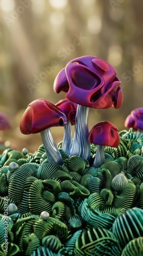 Colorful 3D Mushrooms on Vibrant Green Terrain