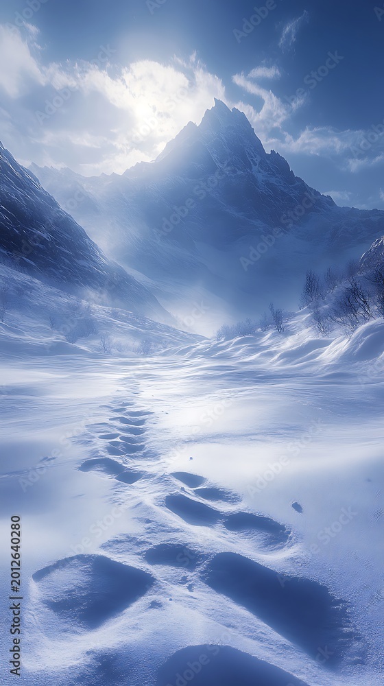 Obraz premium Winter's majestic embrace: Footprints in snow leading to shrouded mountain peaks