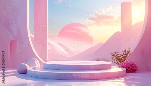 A pastel-hued fantasy scene. A circular podium sits within a marble structure, overlooking a mountain range and a sunset sky