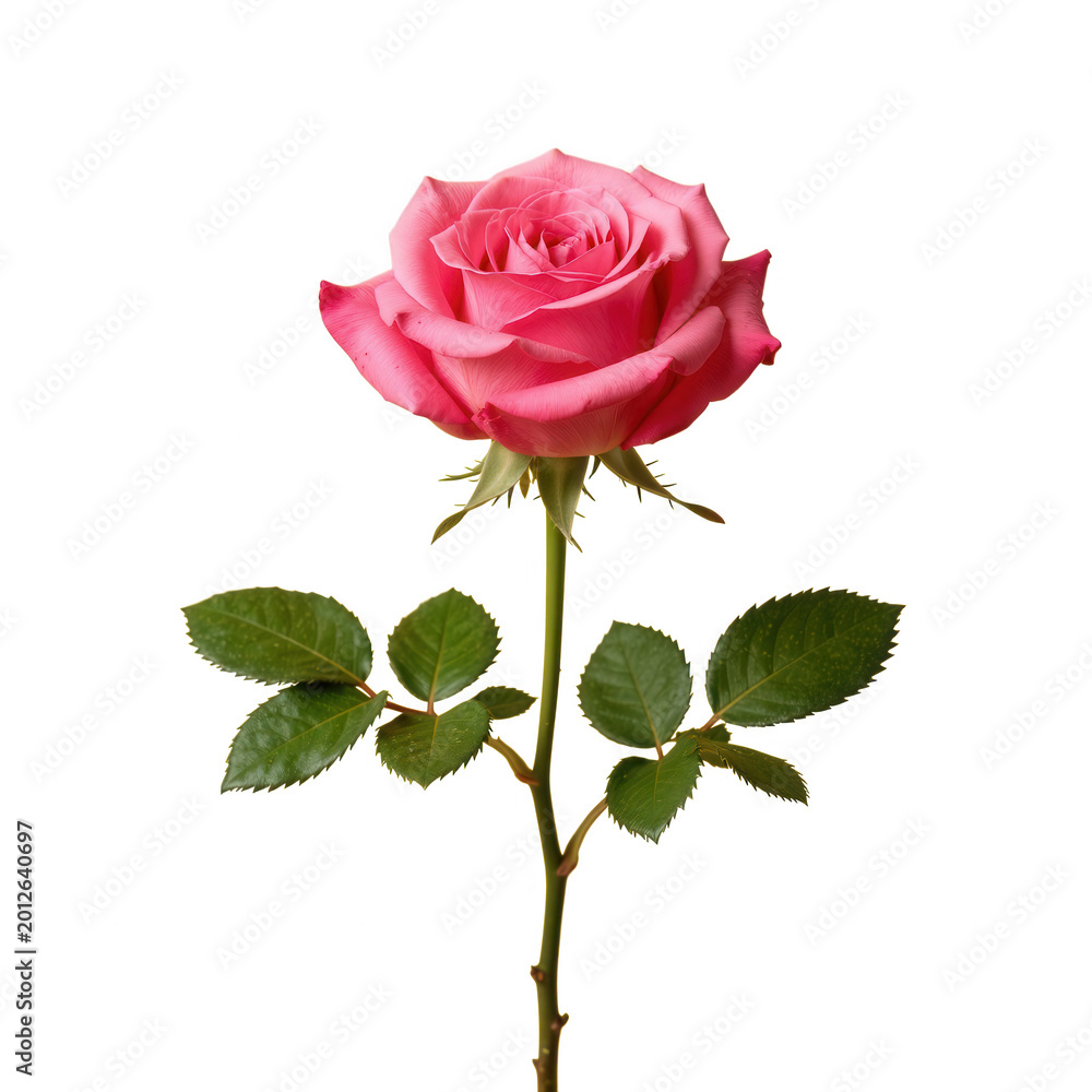 Fototapeta premium Beautiful Pink Rose Bloom with Green Leaves and Stem Isolated on Transparent Background
