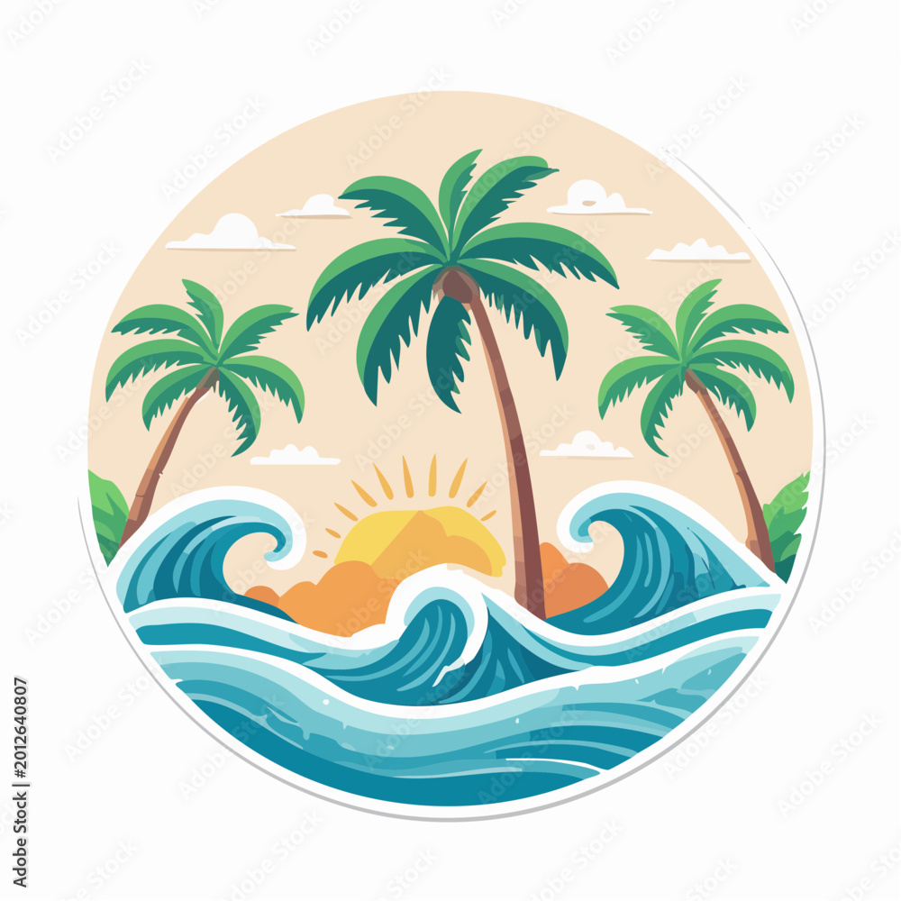 Obraz premium Tropical Beach Scene with Palm Trees and Waves