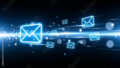 Digital Email Communication Concept with Multiple Envelopes and Light Trails Representing Fast Data Transfer and Messaging Technology in a Futuristic Style