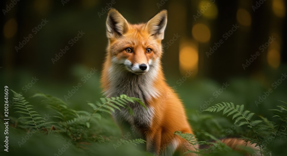 Obraz premium A curious red fox sits attentively in lush green foliage within a forest setting, its gaze fixed outwards.