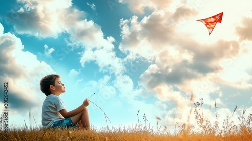 Little boy sitting on a summer field and flying a red kite against a blue sky with white clouds.