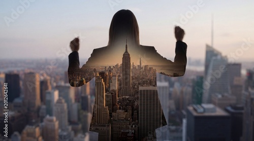 Φωτογραφία Empowered businesswoman with raised fists in double exposure, symbolizing ambition, success