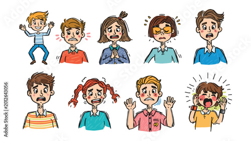 Fotografía Expressions of Emotion: A spectrum of emotions is vividly displayed in this illustrative collection, each character expressing a unique feeling of worry, fear, or anxiety