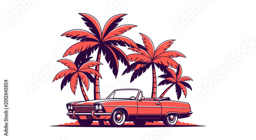 Retro red convertible car with tropical palm trees on a white background illustration