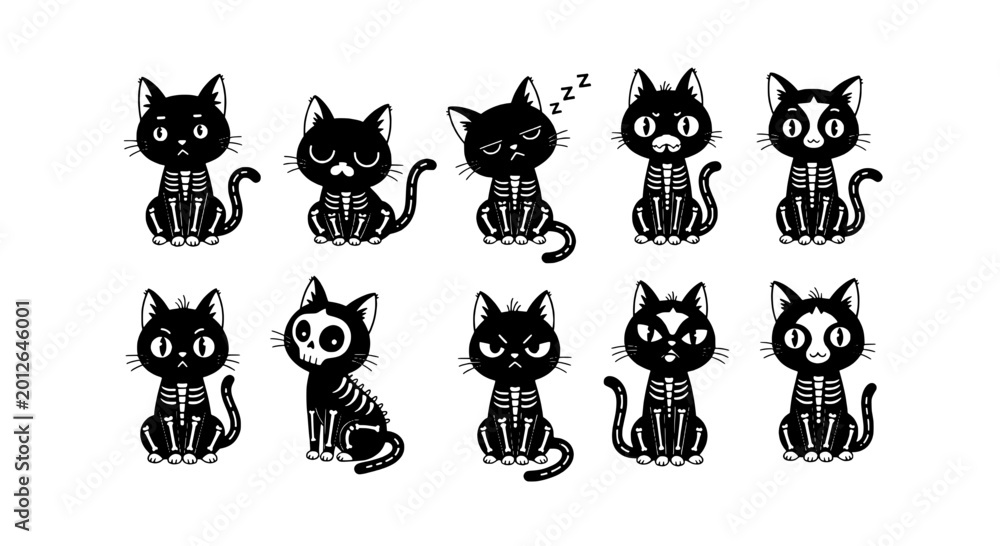 Obraz premium Cat cartoon character set with cute expressions, whiskers and bell accessories, hand-drawn style icons on white background