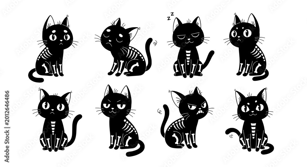 Obraz premium Cat cartoon icon set with cute black kittens, stripes, whiskers, and doodle style for stickers and kids projects