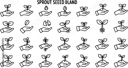 Konstfotografi Sprout Seedling Growing in Hand Icons - Black and White Line Art, Agriculture an