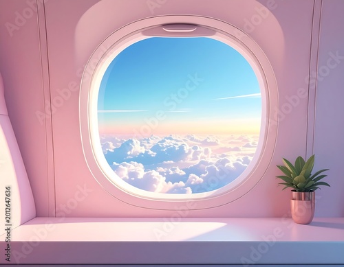 A pastel-hued interior shows an aircraft window framing a stunning sky filled with fluffy clouds. A small potted plant sits beside it