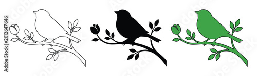 Minimalist bird on branch vector set, black silhouette and green garden songbird icons, elegant floral branch line art for nature branding