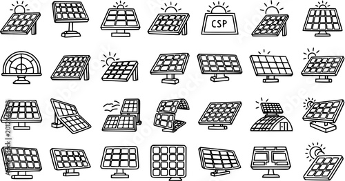 Tableau sur toile Renewable Energy Solar Panels Vector Icons Set in Black  White Line Art Style -