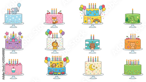Photography Birthday celebration cakes set with animal figures candles and colorful festive toppings