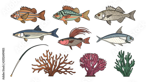 Bild auf Leinwand Aquatic Harmony: A vivid illustration showcases an array of marine life, from vibrant fish to coral reefs and a fishing rod, offering a glimpse into the underwater world