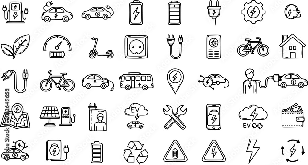 Fototapeta premium Electric Vehicle (EV) Charging Sustainable Transport Doodle Line Art Icons Set. Hand-drawn Symbols for Eco-friendly Cars, Bikes, Scooters, and Battery Power.
