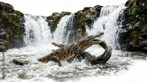 Dynamic scene of two crocodiles locked in an epic fight within the tumultuous currents of a cascading waterfall, a dramatic wildlife encounter