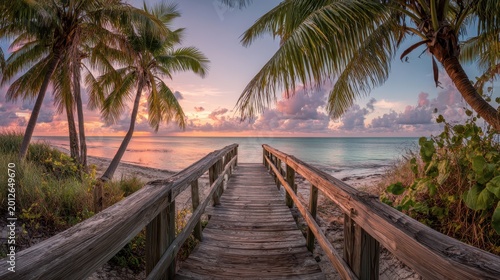Dawn scene: wooden footbridge reaching a tranquil Key West beach with golden light and calm turquoise water