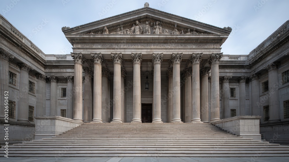 Obraz premium Dignified judicial building exterior in neutral limestone tones, with monumental columned frontage