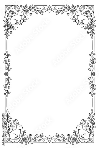 This delightful floral frame features playful designs with rabbits, perfect for creating beautiful invitations or artistic presentations, adding a whimsical touch.