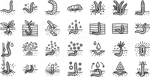 Canvastavla Earthworm Icons: Black and White Line Art for Agriculture and Soil Science