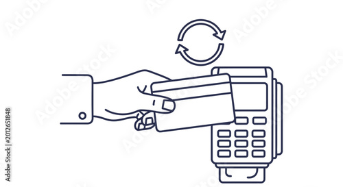 Fotografie Line drawing of a hand inserting a card into a payment terminal with a refresh symbol above
