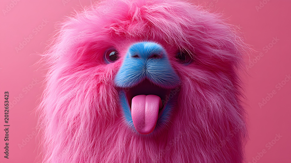 Fototapeta premium Funny fluffy pink llama or alpaca character with large blue eyes for creative design and kids
