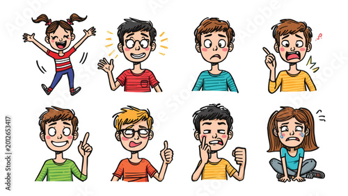 Fotografie Emotional Spectrum: A collection of expressive cartoon people, each portraying a unique emotion, showcasing the vast range of human feelings from happiness to sadness, curiosity to fear