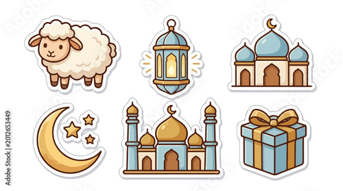 Set of Cute Islamic Holiday Themed Stickers for Eid and Ramadan.