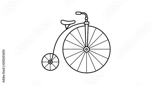 Fotografie Antique penny farthing bicycle vector icon illustration with editable stroke, vintage high wheeler cycle minimalist line art design, customizable path weight graphic for transport history projects