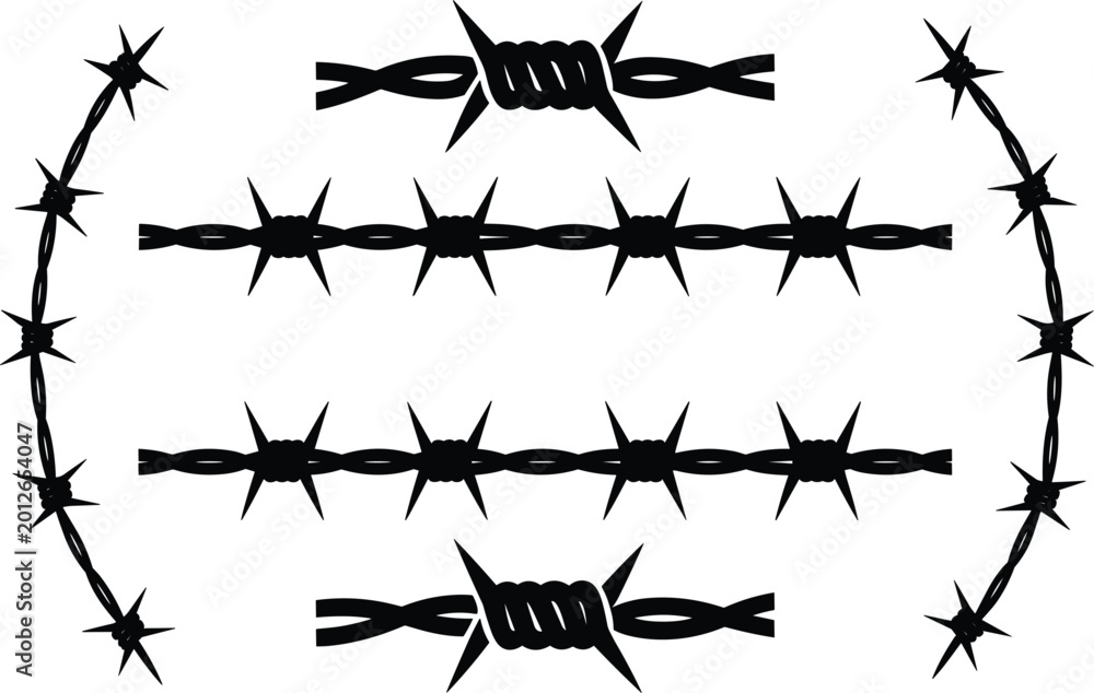 Fototapeta premium Barbed wire vector collection featuring sharp black silhouette fencing and security boundary design elements