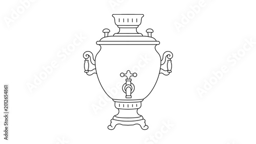 Fotografia Elegant minimalist samovar tea urn vector icon illustration featuring editable stroke and adjustable line weight for traditional Russian hospitality and cultural beverage service branding