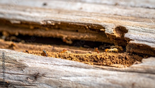 close-up of termite damage in wooden beam with natural sunlight