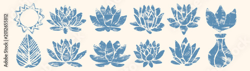 Blue linocut lotus flower set with sun and leaf elements in a rustic stamp style, perfect for organic branding, zen yoga designs, and minimal aesthetic projects with an engraved texture