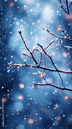 Enchanting winter scene capturing snow falling on delicate branches against a blue bokeh