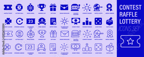 Photos Contest raffle lottery icon set with prize wheels, winner cups, raffle tickets,