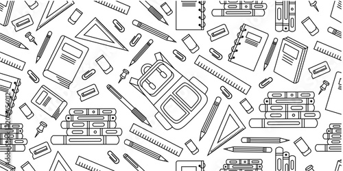 School supplies seamless pattern. School attributes seamless pattern. Student accessories repeat background. Back to school banner. Education doodle pattern background.