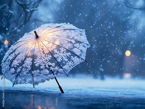 Snowy Serenity: An Umbrella Adorned with Winter's Delicate Crystals in a Night Scene