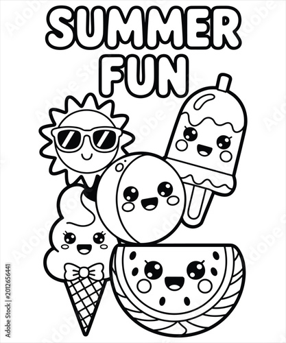 Summer fun coloring page with kawaii sun, ice cream, and watermelon