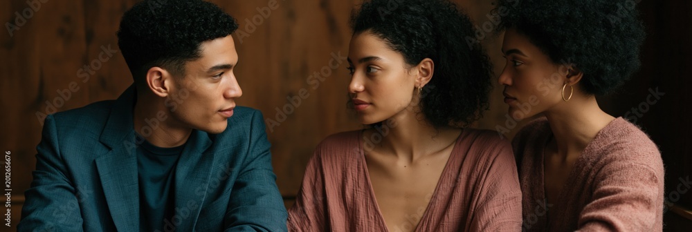Fototapeta premium Three young people talking together in indoor lounge setting