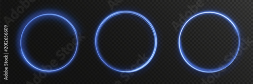 Neon blue geometric circle with glowing light effect on dark background. Futuristic abstract vector illustration for technology, digital space, and modern UI design backgrounds with glow.